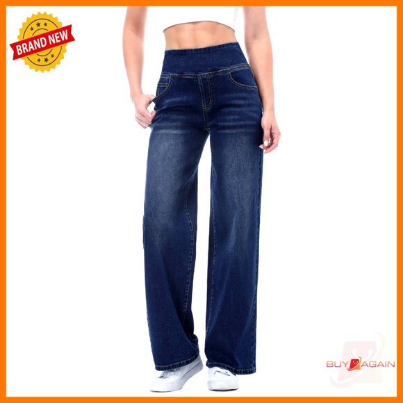 Denim - High Waisted Wide Leg Jeans Stretchy Tummy Control Straight Leg Denim Pants